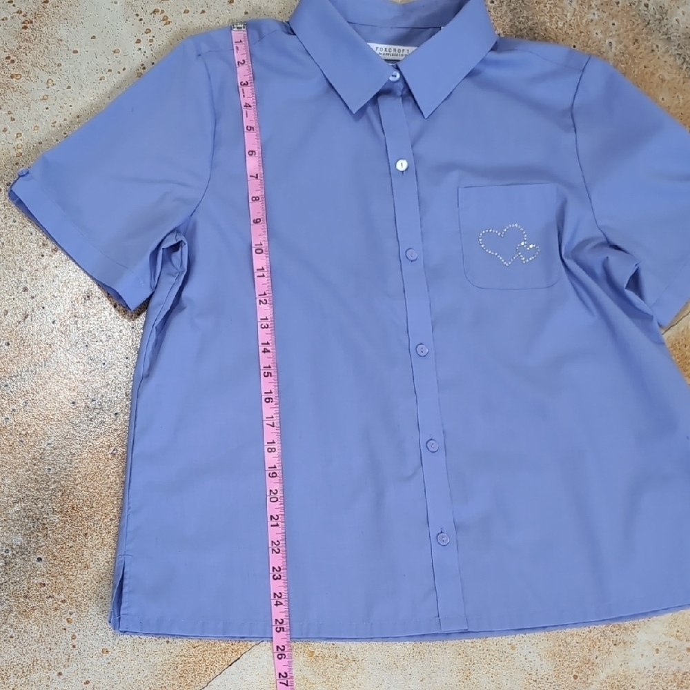 Foxcroft | Periwinkle Blue Heart Pocket Button Down Short Sleeve Size 14 - Picture 7 of 9